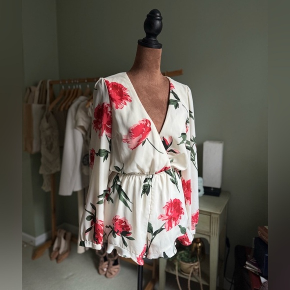 AKIRA Red and White Floral Jumpsuit with Ruffled Sleeves